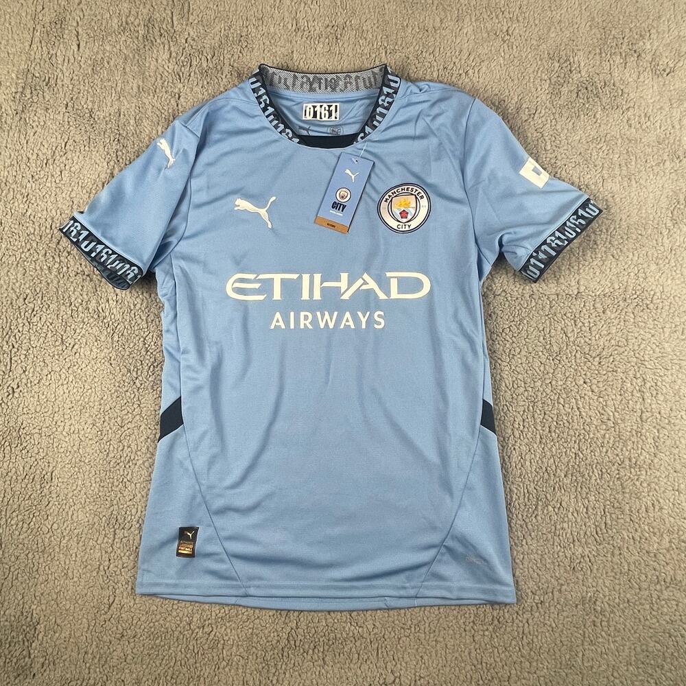 PUMA Men's Small Blue MCFC Polyester Elastane Crew Neck Short Sleeve Home Jersey
